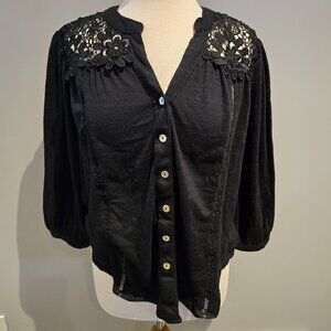Thomas & Olivia Lace Inset Button Front Top | Size XL | Black